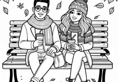 Zwei Freunde Trinken Kakao Auf Bank Im Park – Malvorlage Herbst Kostenlos