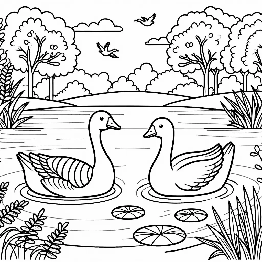 Zwei Gänse auf einem See: Einfaches Ausmalbild (Kostenlos)