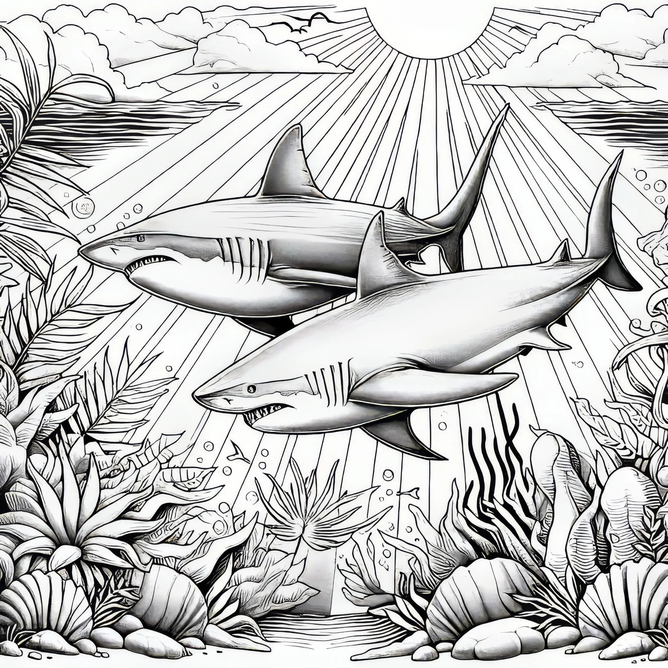 Zwei Haie schwimmen im tropischen Meer: Realistisches Ausmalbild (Kostenlos)