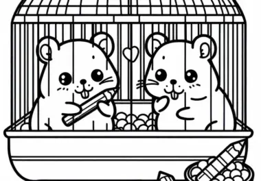 Zwei Hamster sitzen nebeneinander im Käfig – Ausmalbild gratis