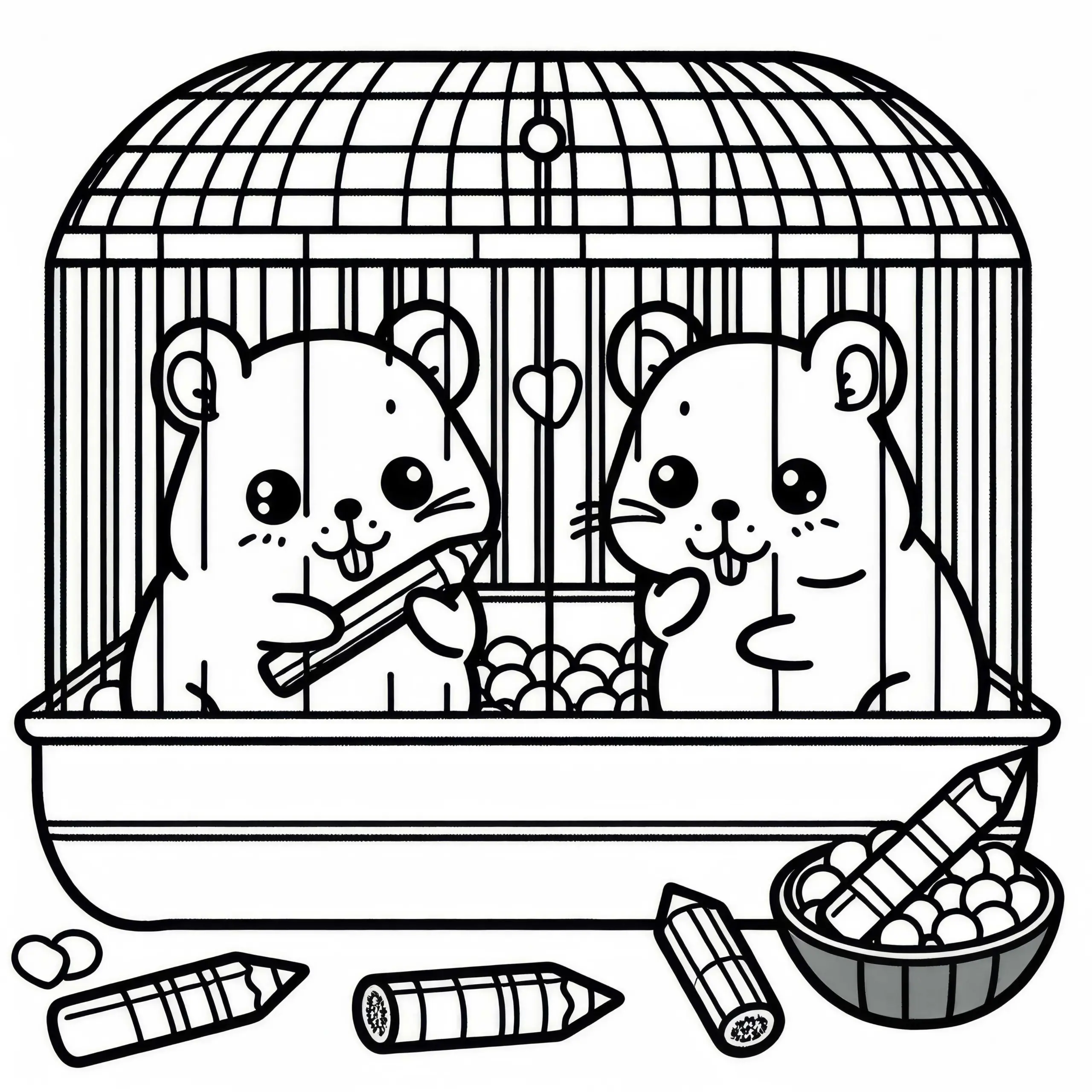 Zwei Hamster sitzen nebeneinander im Käfig – Ausmalbild gratis