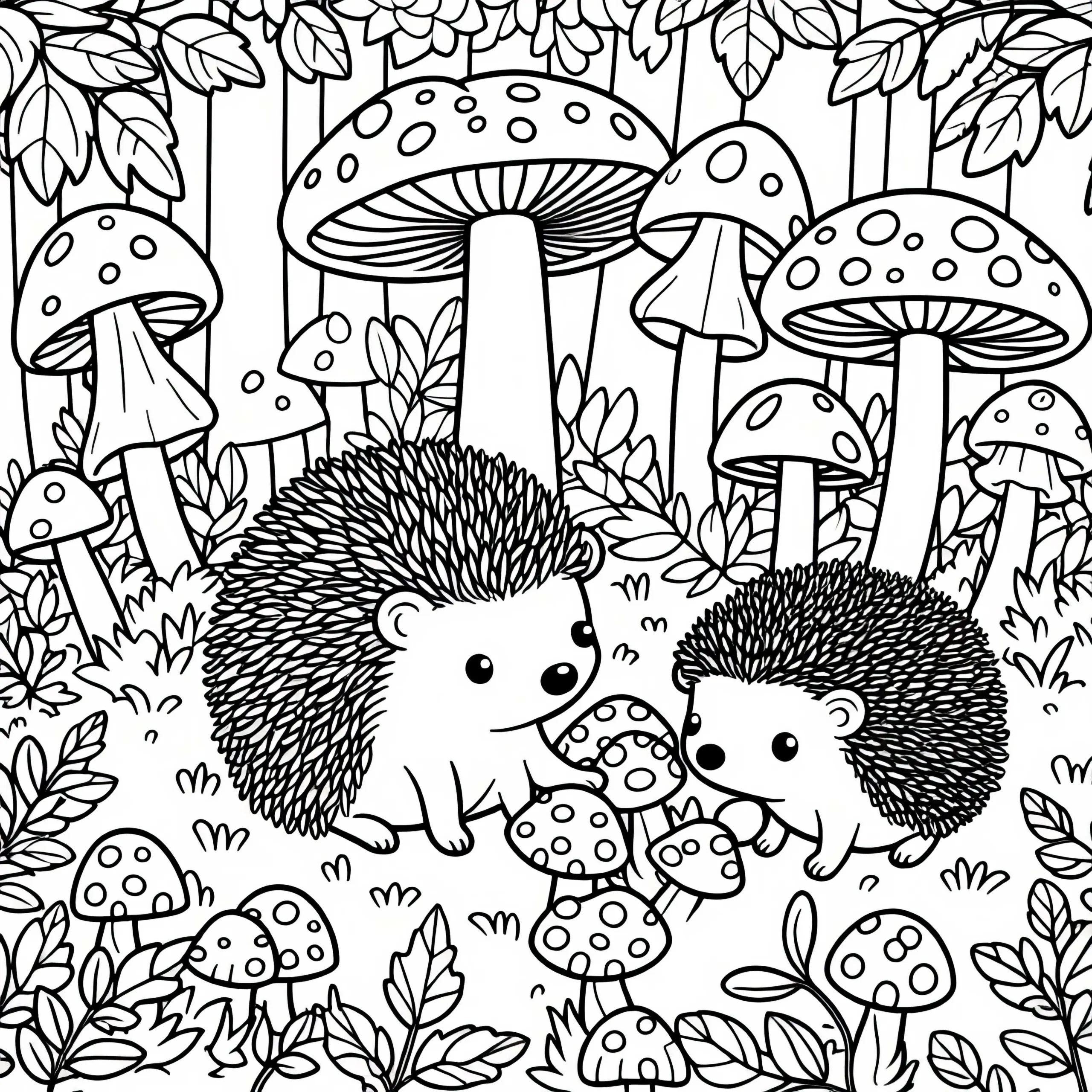 Zwei Igel spielen zwischen Pilzen im Wald – Malvorlage gratis (Ausmalbild)