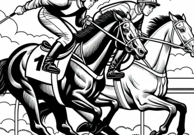 Zwei Jockeys kämpfen beim Pferderennen um Führung auf der Zielgeraden – Ausmalbild gratis