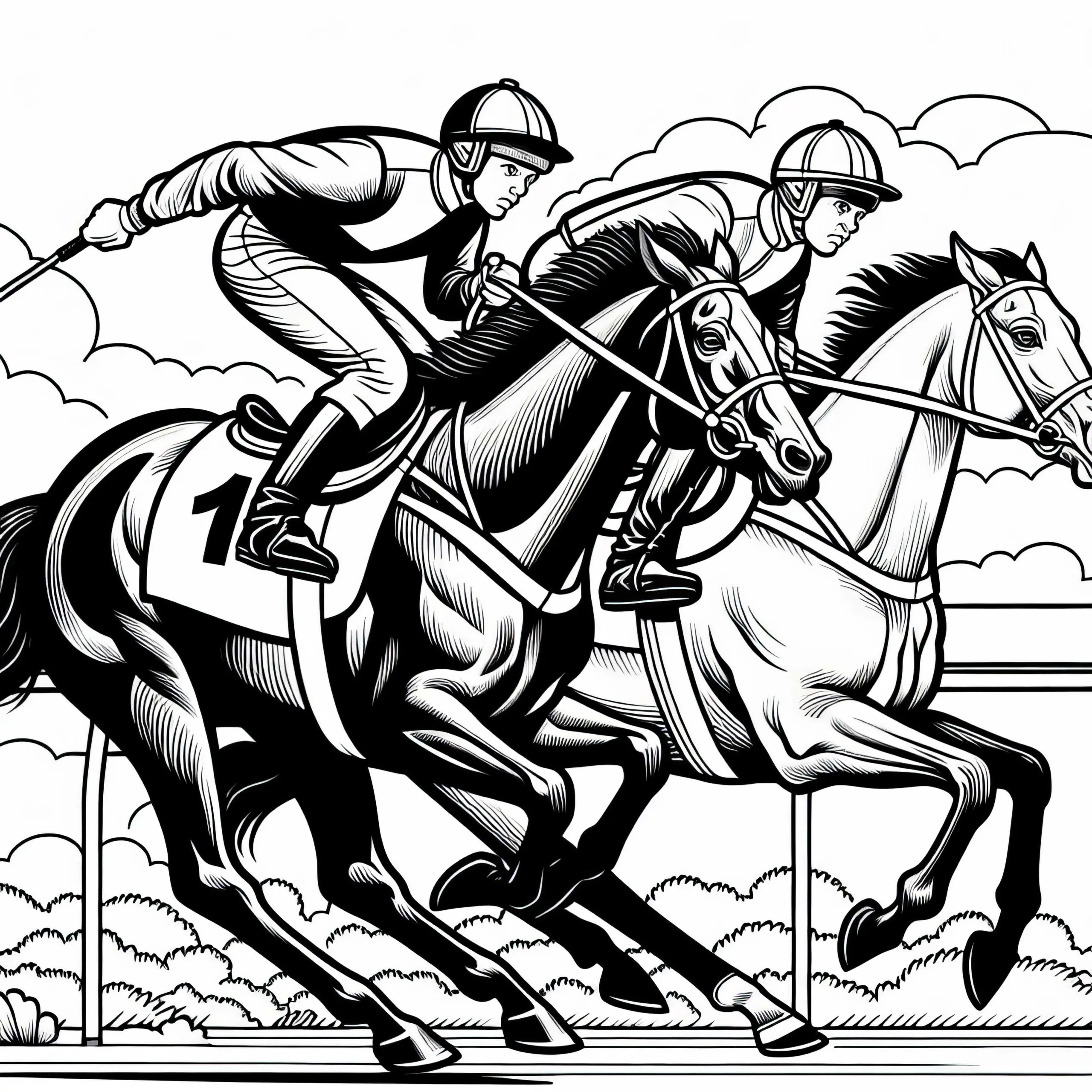Zwei Jockeys kämpfen beim Pferderennen um Führung auf der Zielgeraden – Ausmalbild gratis