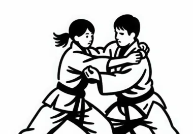 Zwei Judoka trainieren – Malvorlage gratis