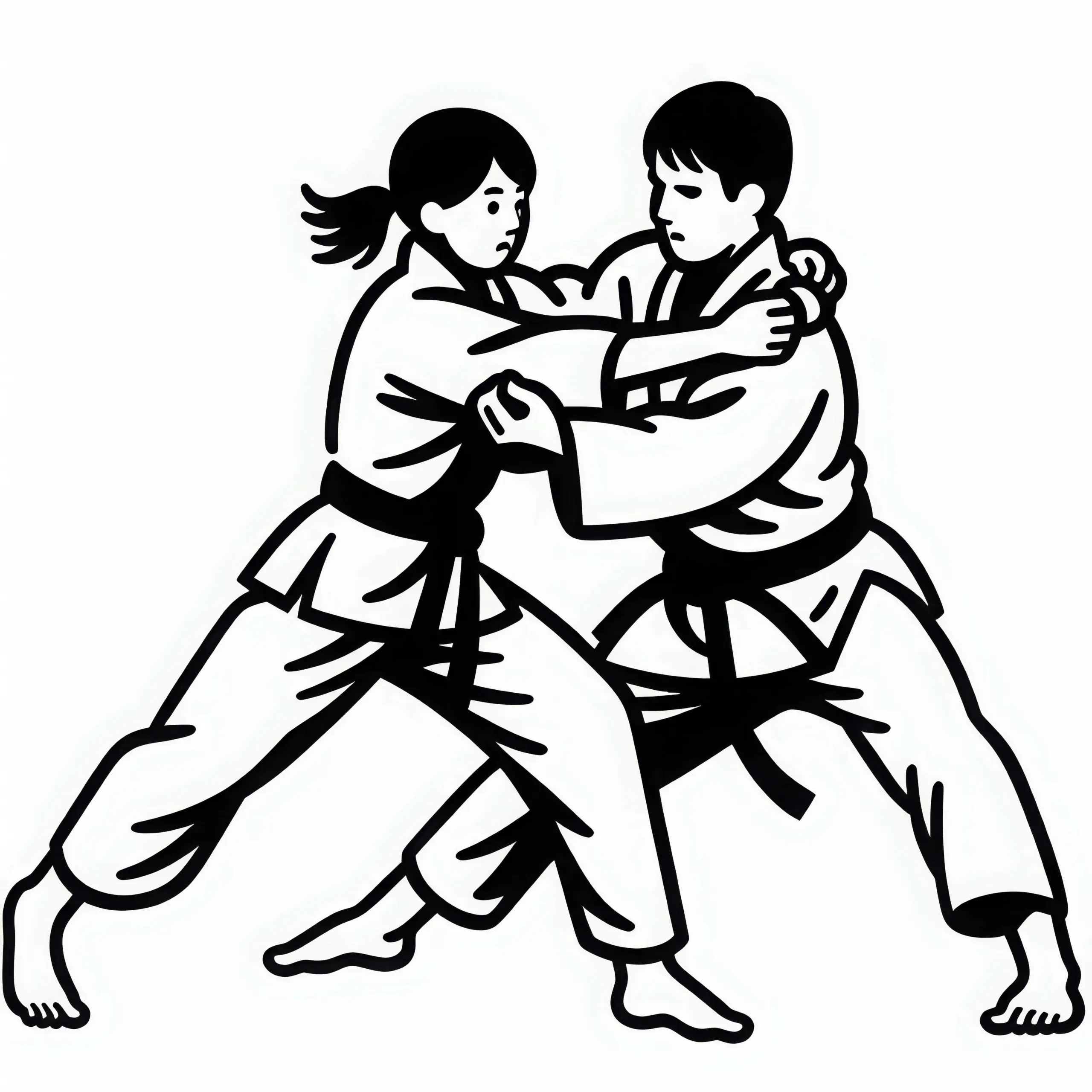 Zwei Judoka trainieren – Malvorlage gratis (Ausmalbild)