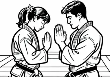 Zwei Judoka verbeugen sich voreinander – Malvorlage kostenlos