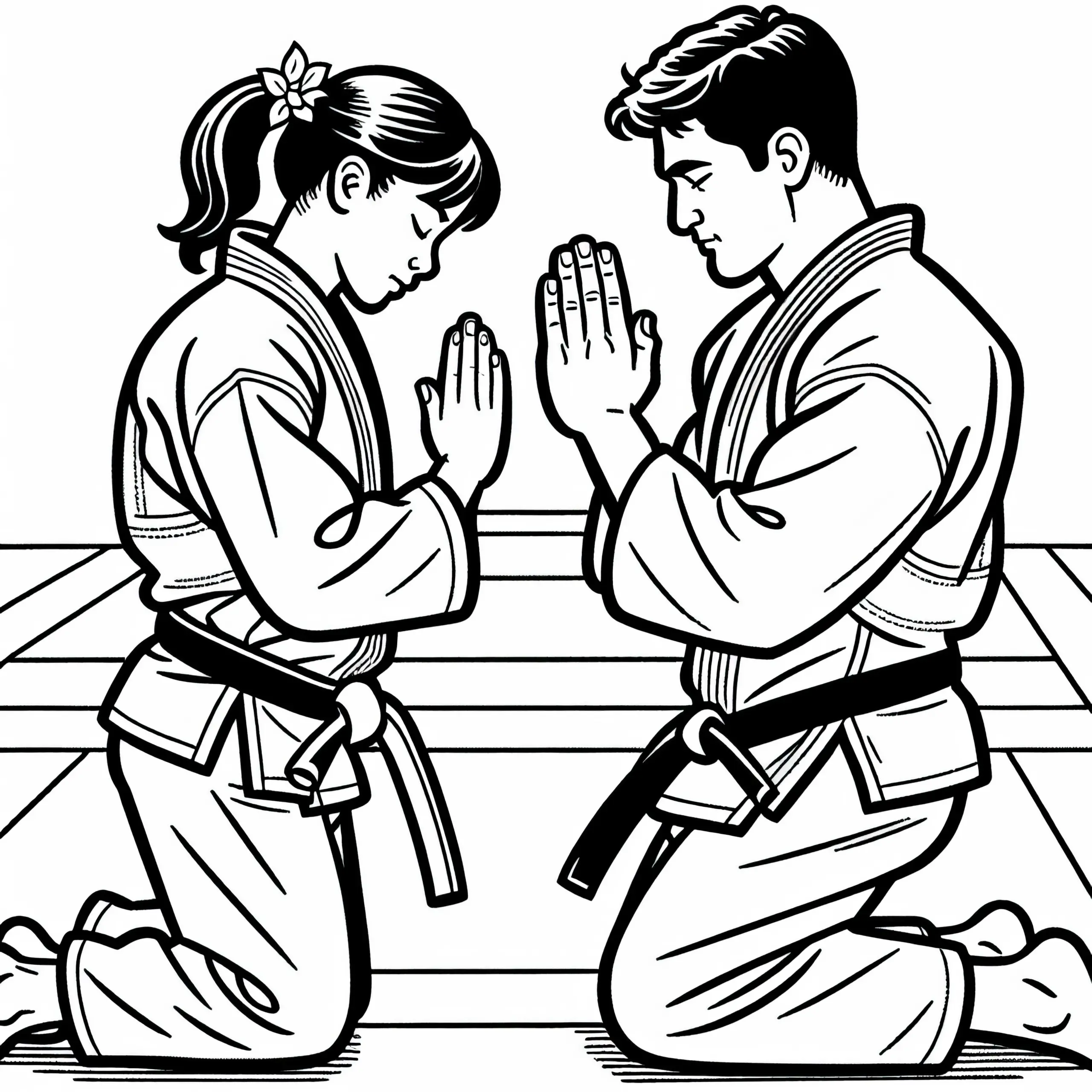 Zwei Judoka verbeugen sich voreinander – Malvorlage kostenlos (Ausmalbild)