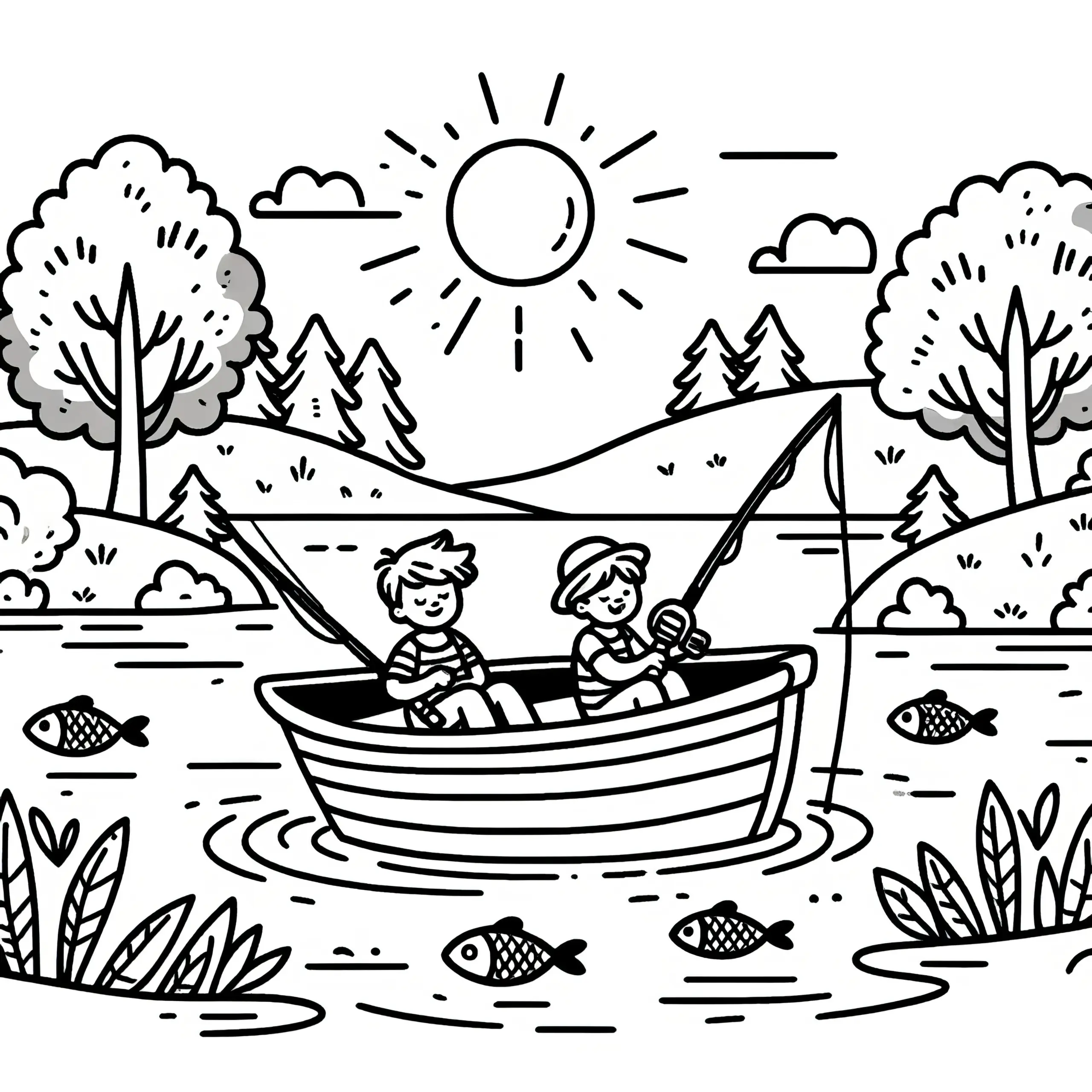 Zwei Jungen auf dem See beim Angeln: Malvorlage zum Herunterladen (Kostenlos) (Ausmalbild)