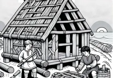 Zwei Jungs bauen Langhaus – Malvorlage Wikingerentdeckungen kostenlos