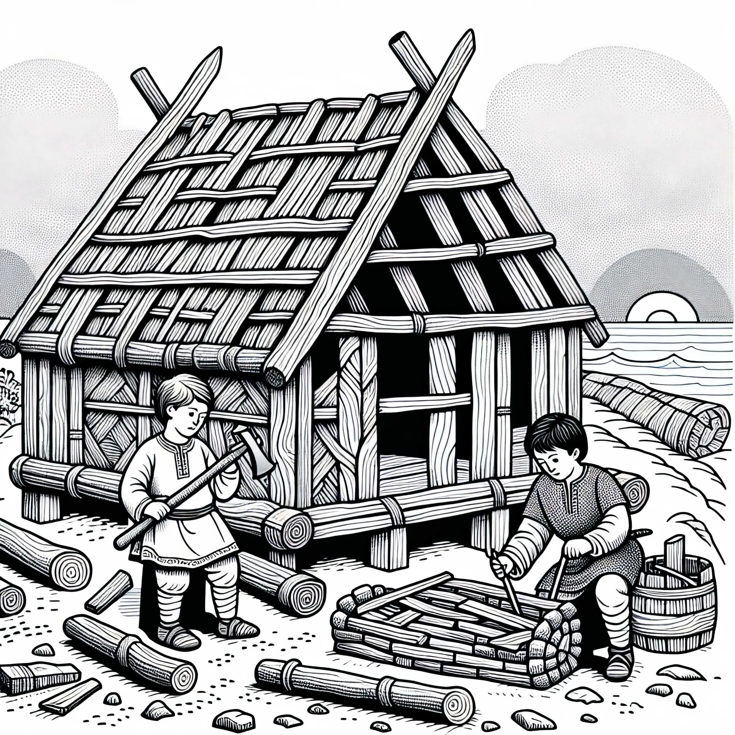Zwei Jungs bauen Langhaus – Malvorlage Wikingerentdeckungen kostenlos (Ausmalbild)