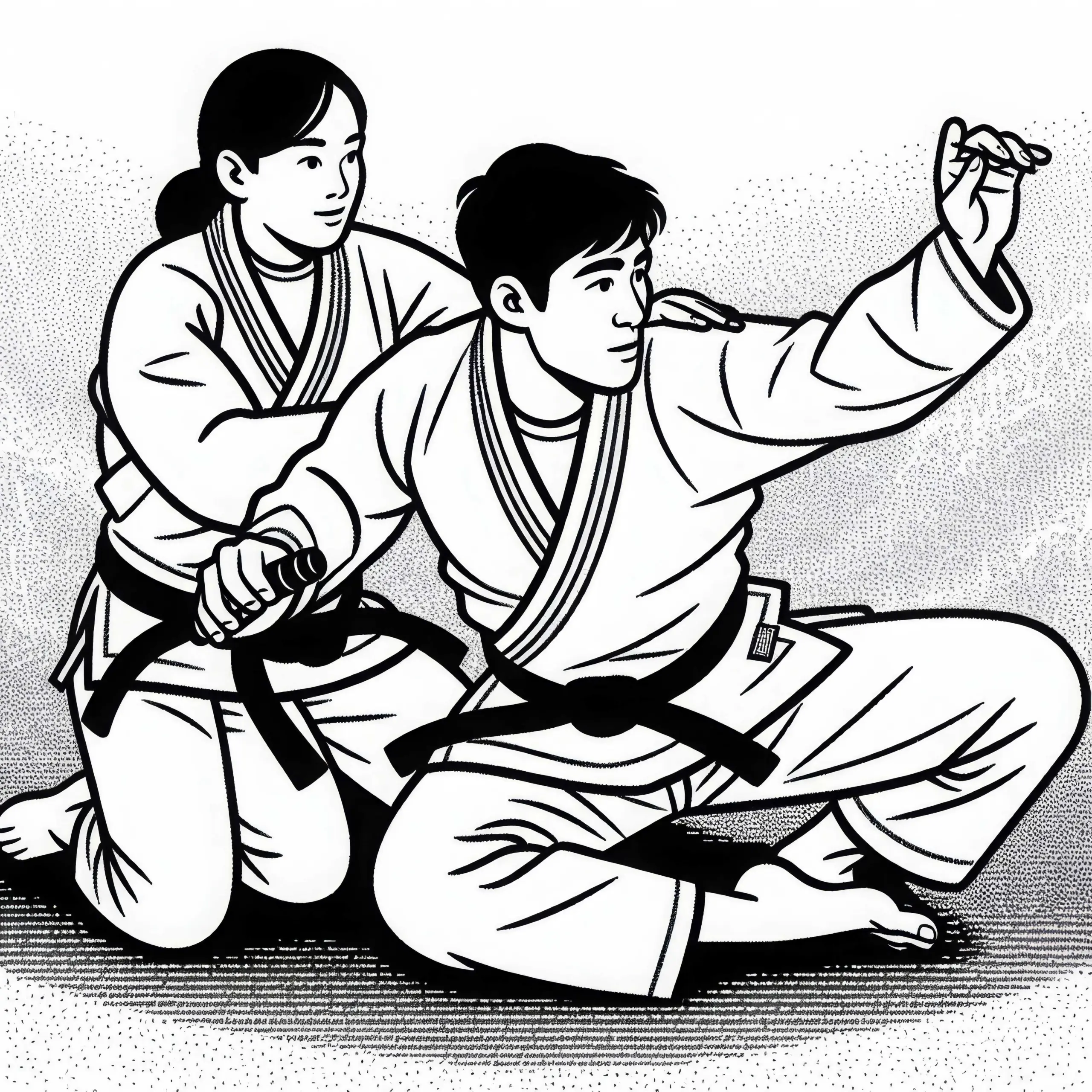 Zwei Kämpfer üben verschiedene Techniken im Jiu-Jitsu-Training (Ausmalbild)