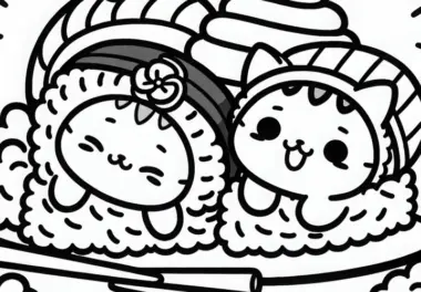 Zwei Katzen im Kostüm liegen glücklich auf Reisbett – Malvorlage Kawaii kostenlos