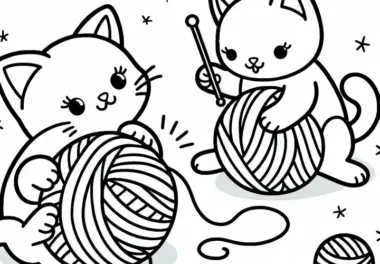 Zwei Katzen spielen mit Wolle – Ausmalbild für Mädchen ab drei kostenlos
