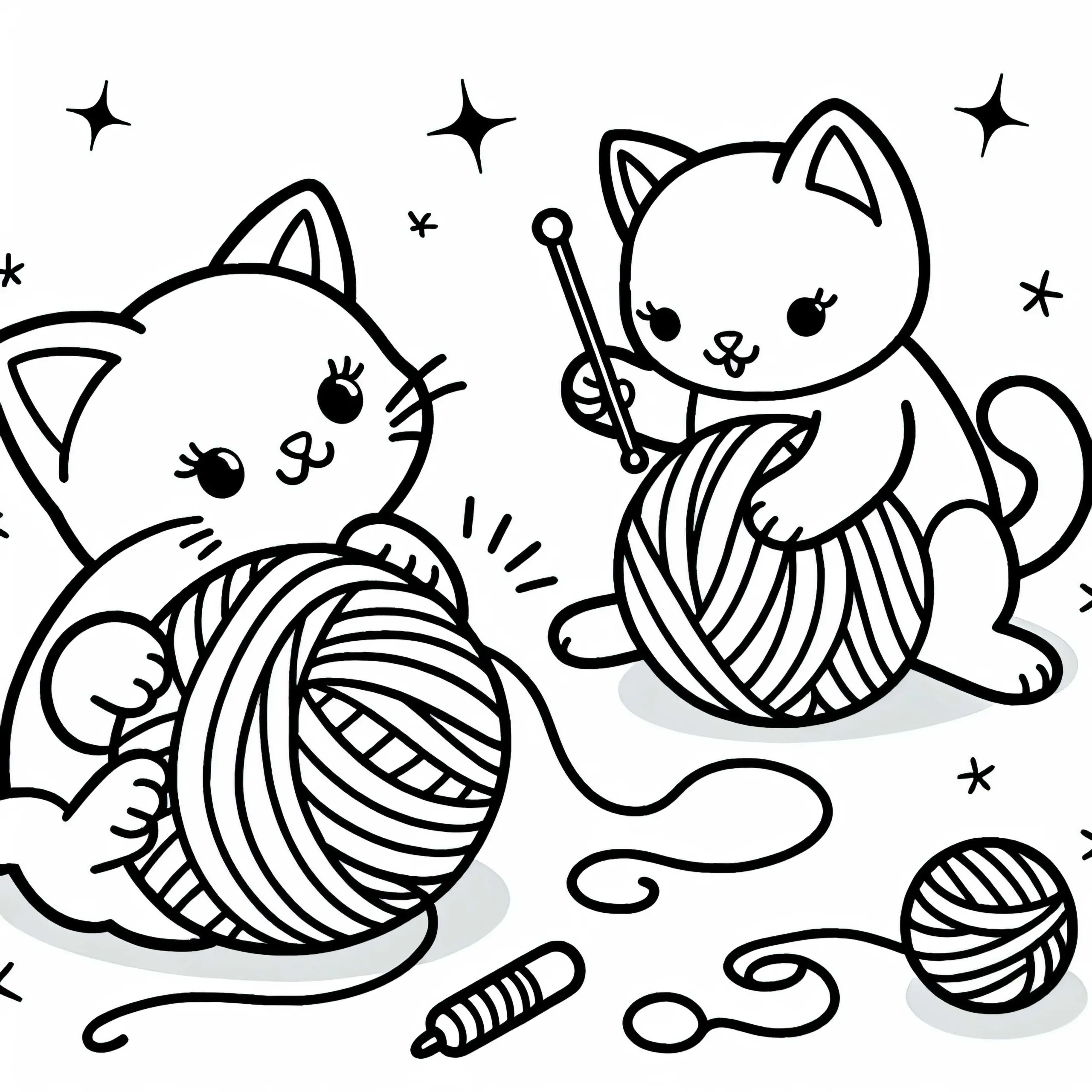 Zwei Katzen spielen mit Wolle – Ausmalbild für Mädchen ab drei kostenlos