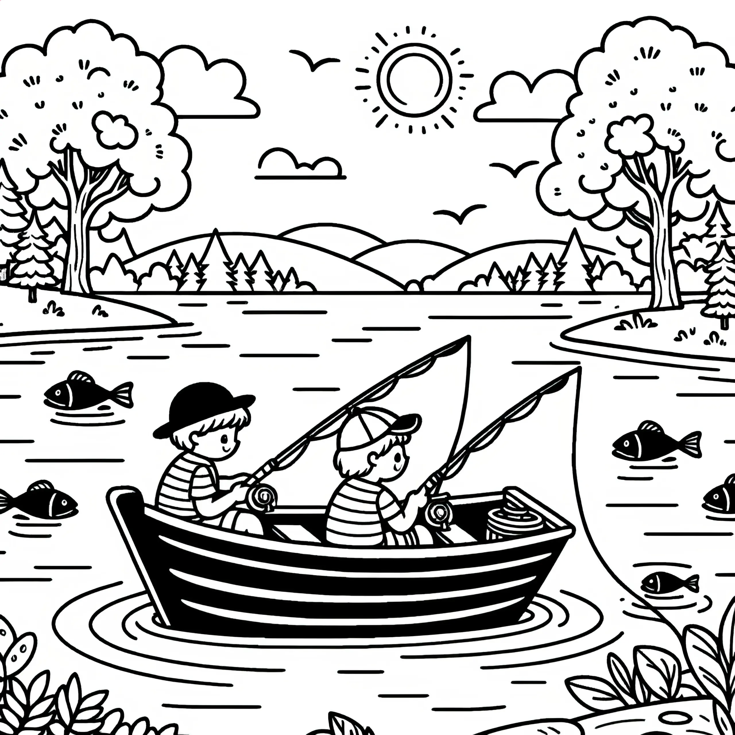 Zwei Kinder angeln Fische: Sommerliche Malvorlage zum Herunterladen (Gratis) (Ausmalbild)