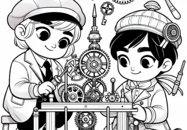 Zwei Kinder Bauen ein Uhrwerk-Spielzeug mit Zahnrädern – Malvorlage im Steampunk-Stil Kostenlos