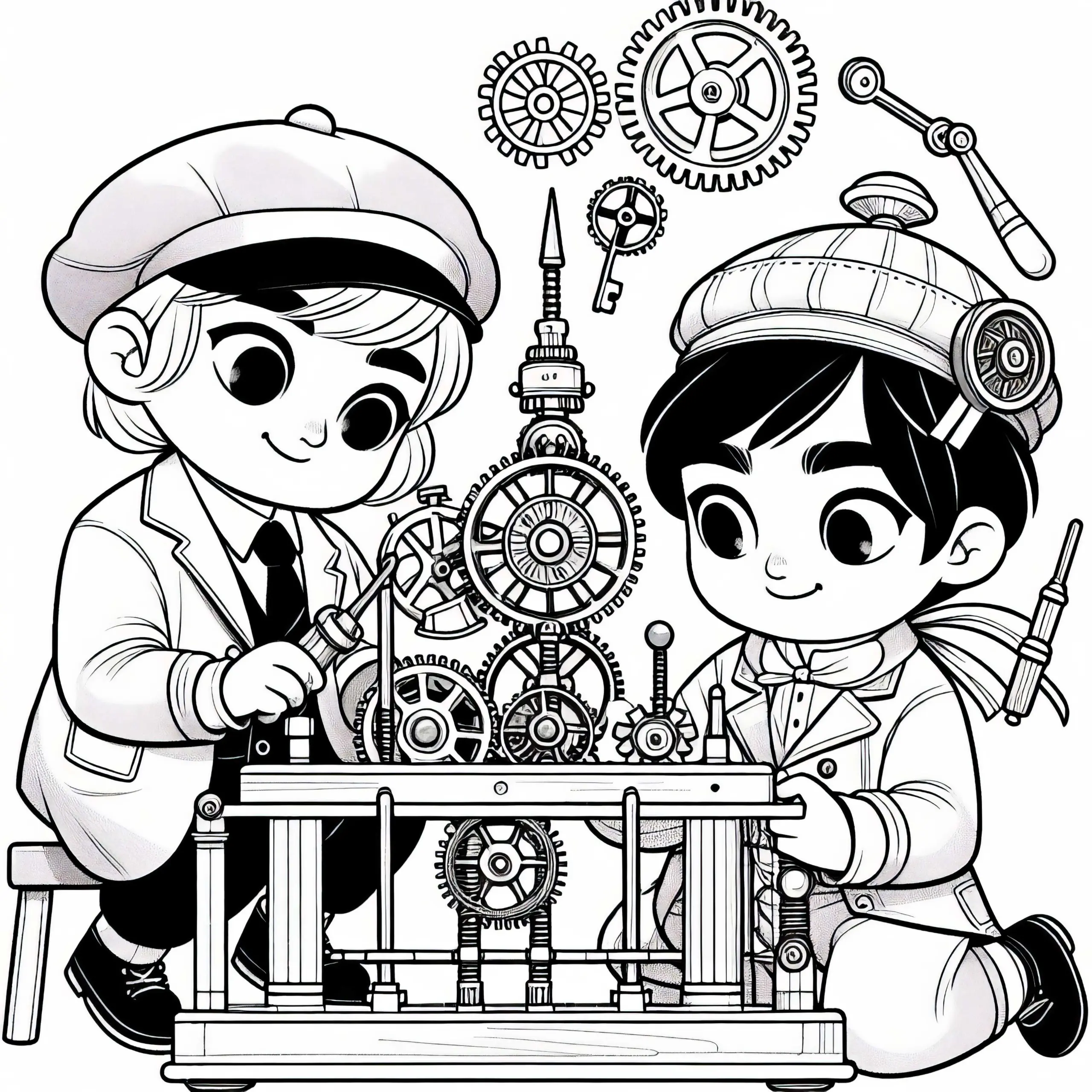 Zwei Kinder Bauen ein Uhrwerk-Spielzeug mit Zahnrädern – Malvorlage im Steampunk-Stil Kostenlos (Ausmalbild)