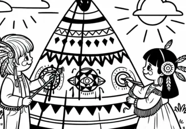 Zwei Kinder bemalen ein Tipi mit Symbolen – Ausmalbild Indianer gratis