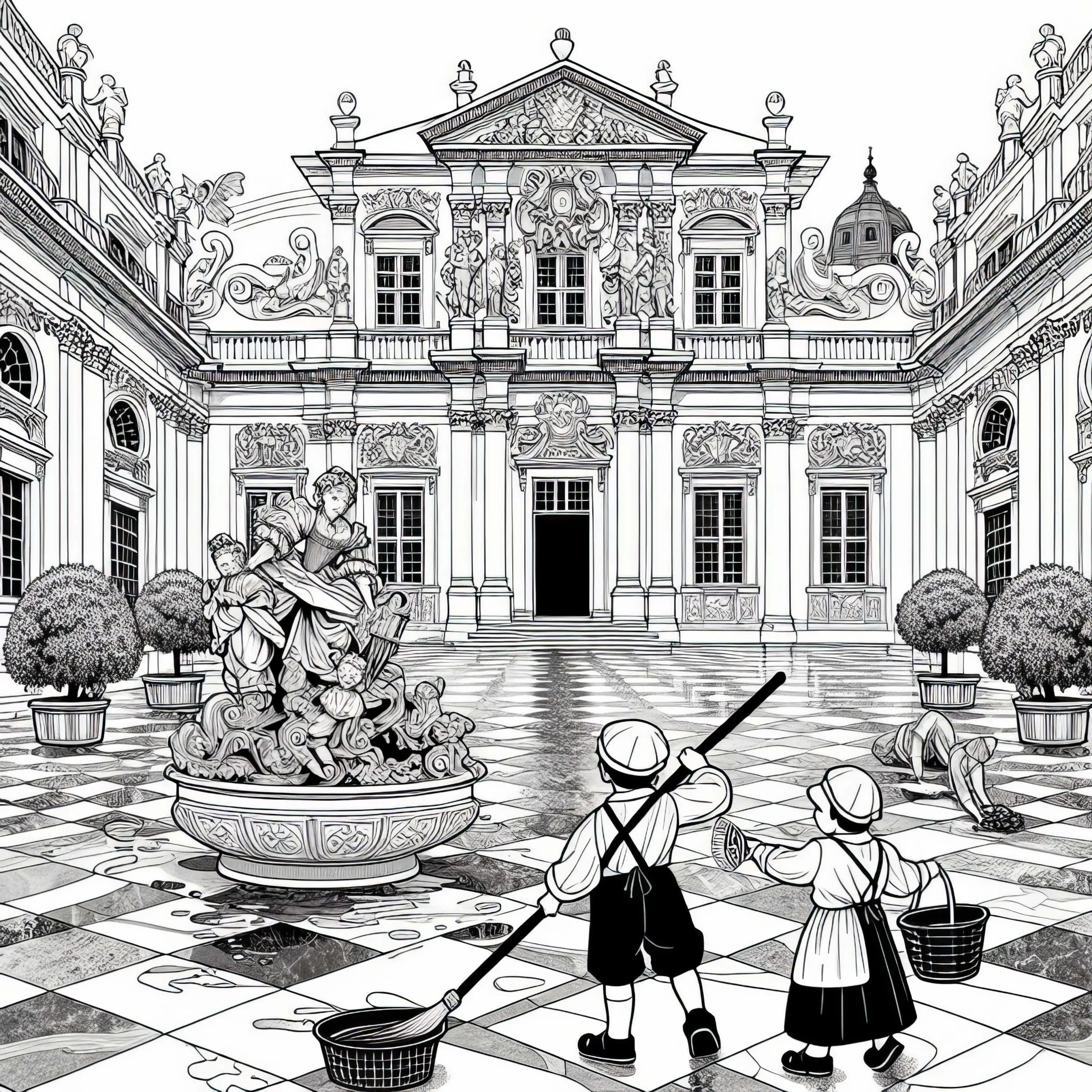 Zwei Kinder fegen den Marmorhof eines prächtigen Schlosses – Malvorlage Barockzeit gratis (Ausmalbild)