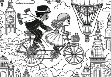 Zwei Kinder Fliegen mit Fahrrad durch Wolkenstadt – Malvorlage Steampunk Kostenlos