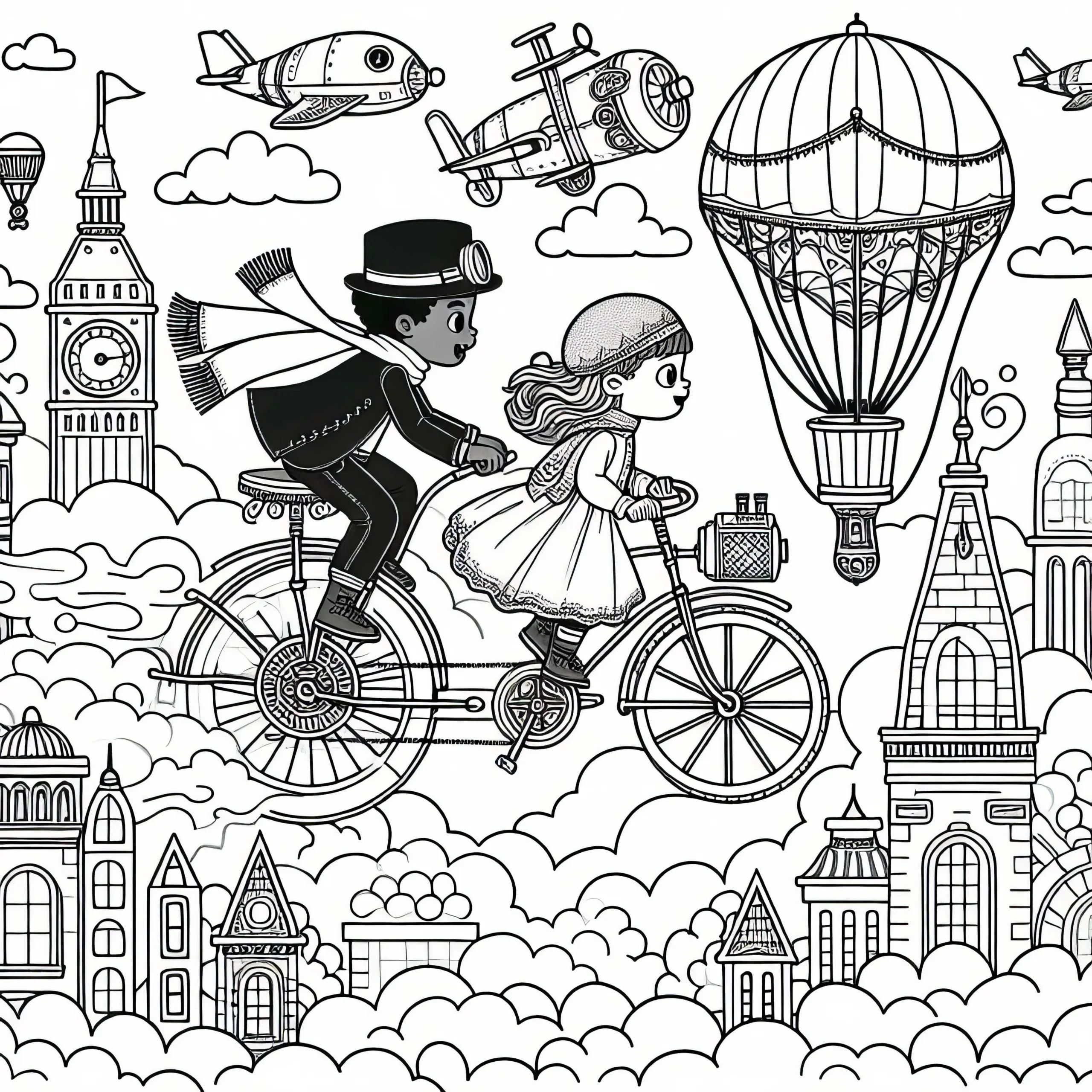 Zwei Kinder Fliegen mit Fahrrad durch Wolkenstadt – Malvorlage Steampunk Kostenlos (Ausmalbild)