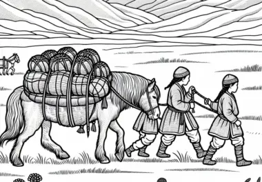 Zwei Kinder führen beladenes Packpferd durch weite Graslandschaft – Malvorlage Hunnen kostenlos