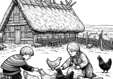 Zwei Kinder füttern Hühner vor Langhaus – Ausmalbild Wikinger kostenlos