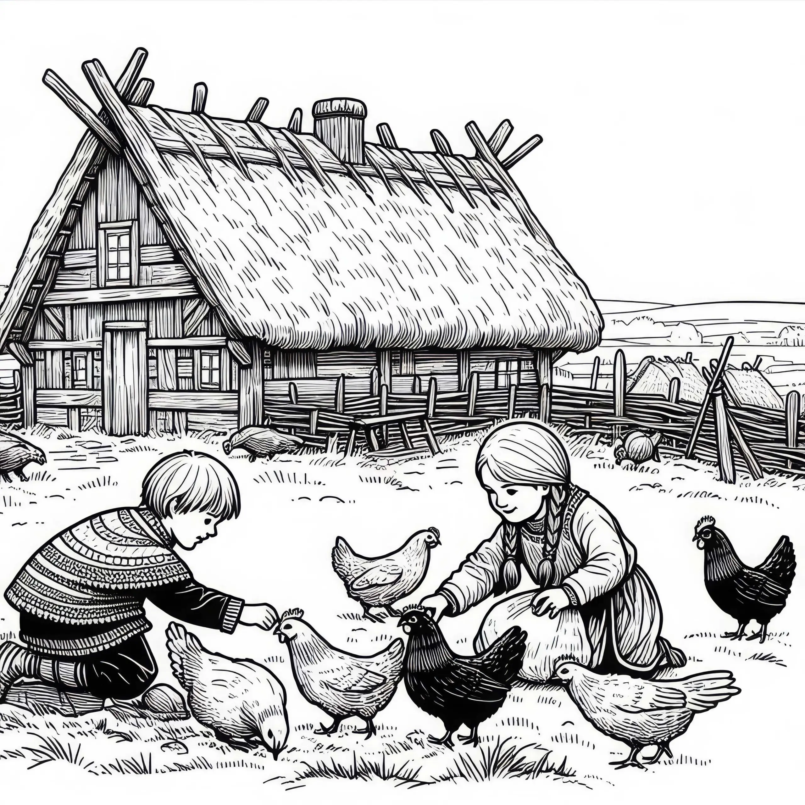 Zwei Kinder füttern Hühner vor Langhaus – Ausmalbild Wikinger kostenlos
