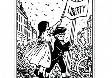 Zwei Kinder helfen beim Aufhängen eines Schildes mit dem Wort Freiheit – Ausmalbild Französische Revolution