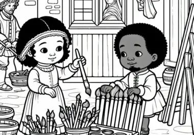 Zwei Kinder helfen beim Sortieren von Pinseln und Farbtöpfchen – Malvorlage Renaissance gratis