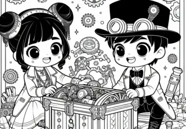 Zwei Kinder in Steampunk-Outfits Finden Geheimnisvolle Schatztruhe – Ausmalbild Kostenlos
