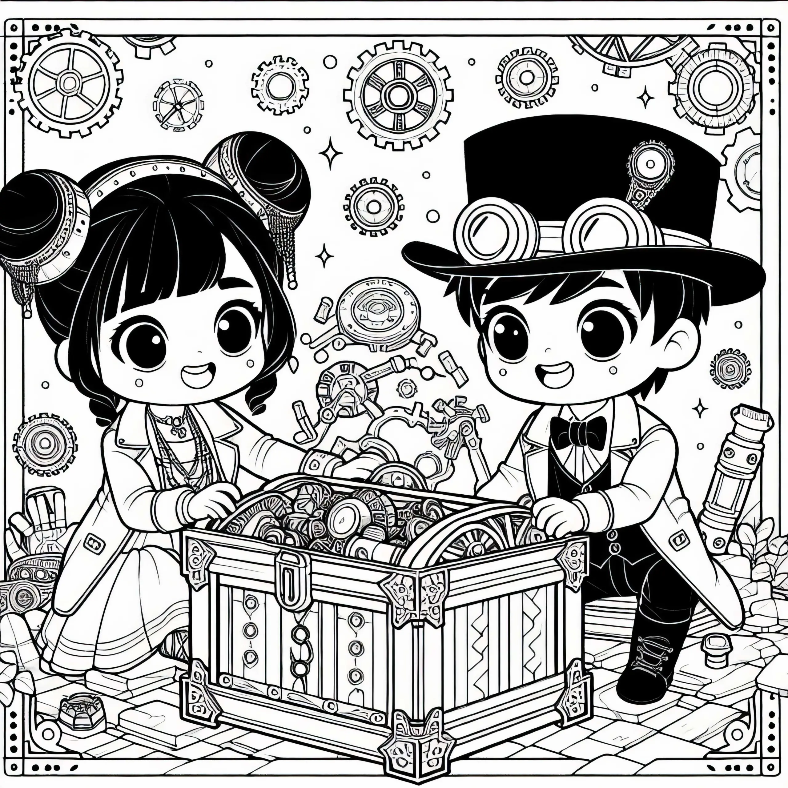 Zwei Kinder in Steampunk-Outfits Finden Geheimnisvolle Schatztruhe – Ausmalbild Kostenlos