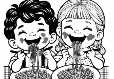 Zwei Kinder lachen während sie Spaghetti essen mit Tomatensauce im Gesicht – Ausmalbild gratis