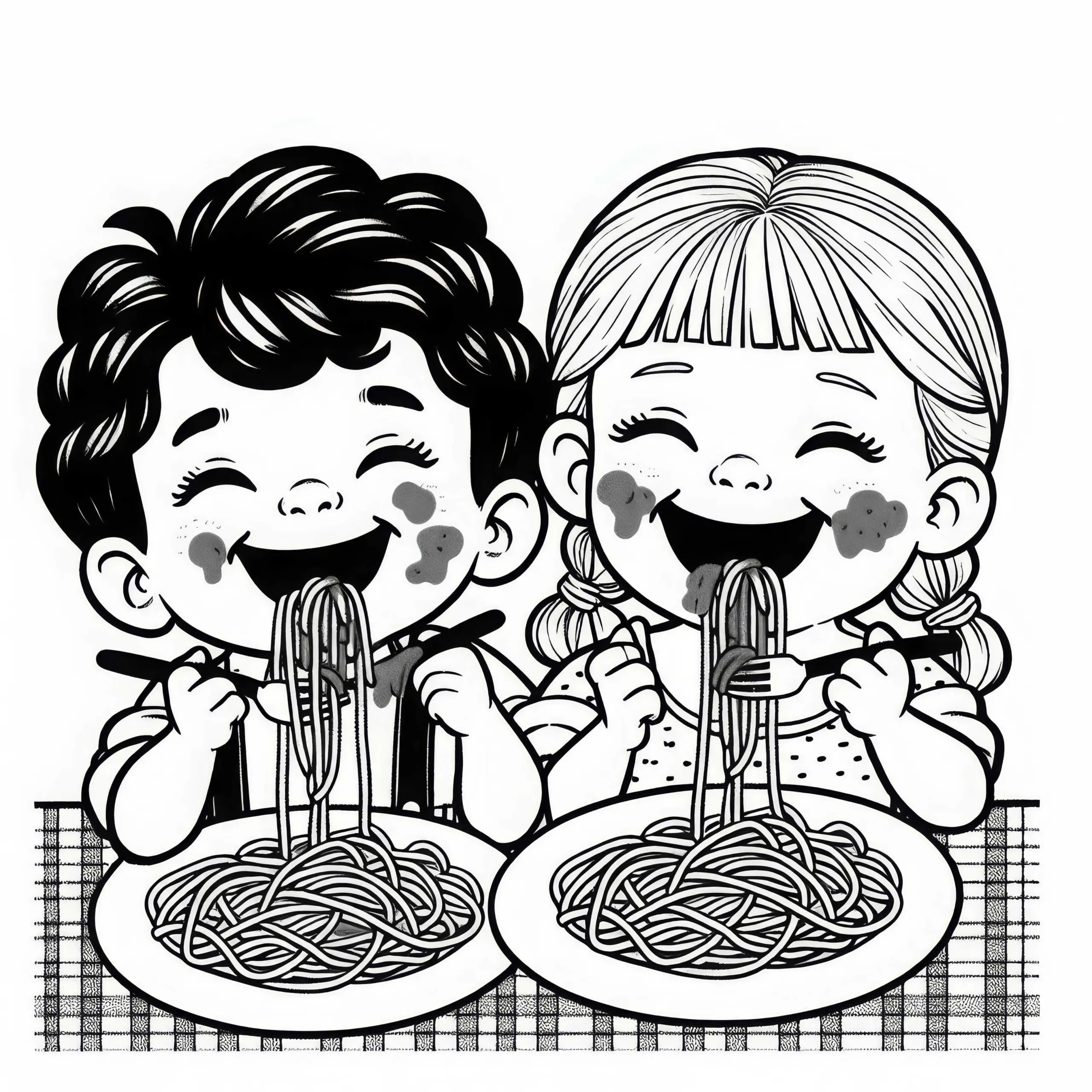 Zwei Kinder lachen während sie Spaghetti essen mit Tomatensauce im Gesicht – Ausmalbild gratis