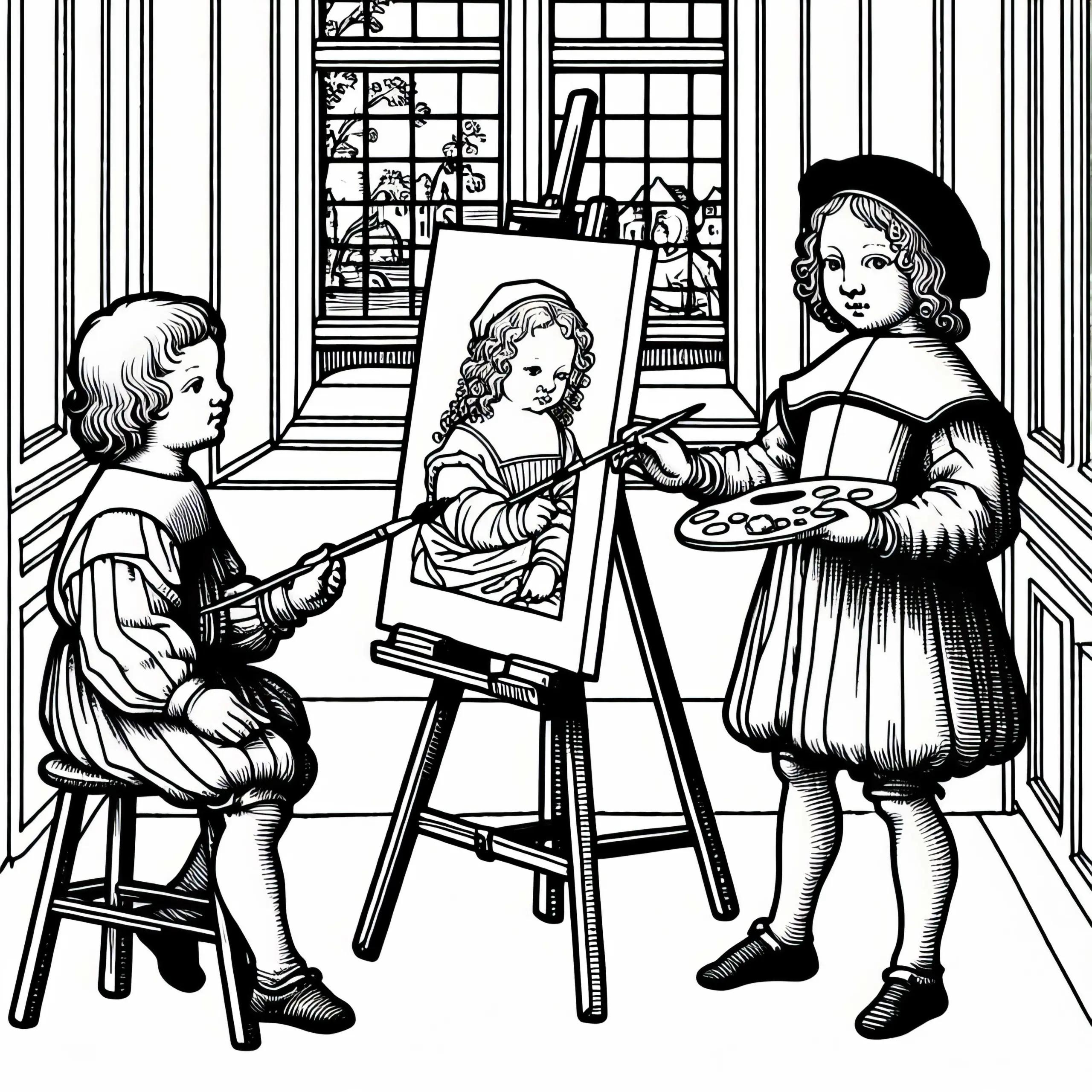 Zwei Kinder malen an Staffelei vor Fenster Malvorlage Renaissance kostenlos (Ausmalbild)