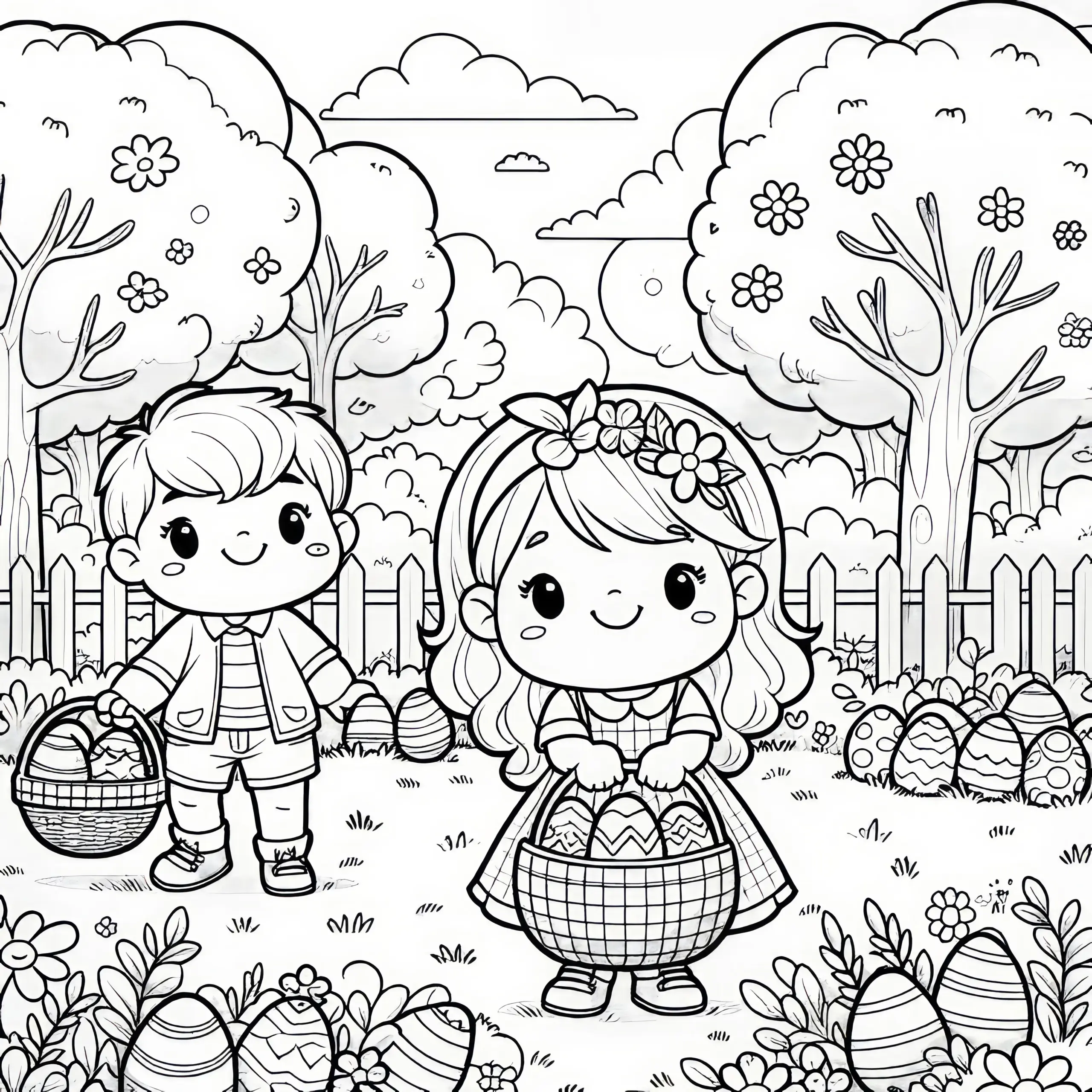 Zwei Kinder beim Ostereier suchen im Garten: Malvorlage zum Ausdrucken (Gratis) (Ausmalbild)