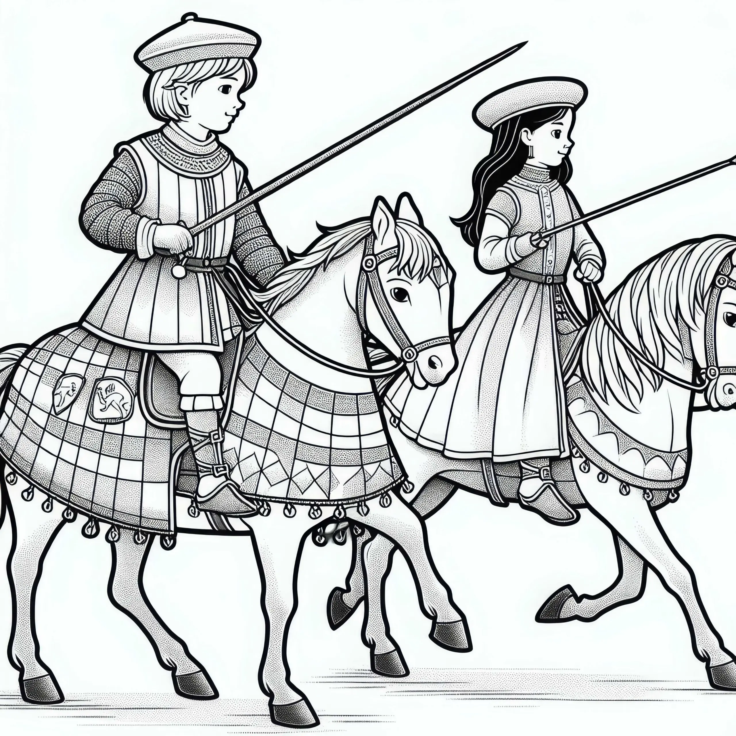 Zwei Kinder Reiten Auf Pferden Und Üben Lanzenhaltung – Malvorlage Ritterzeit Kostenlos (Ausmalbild)