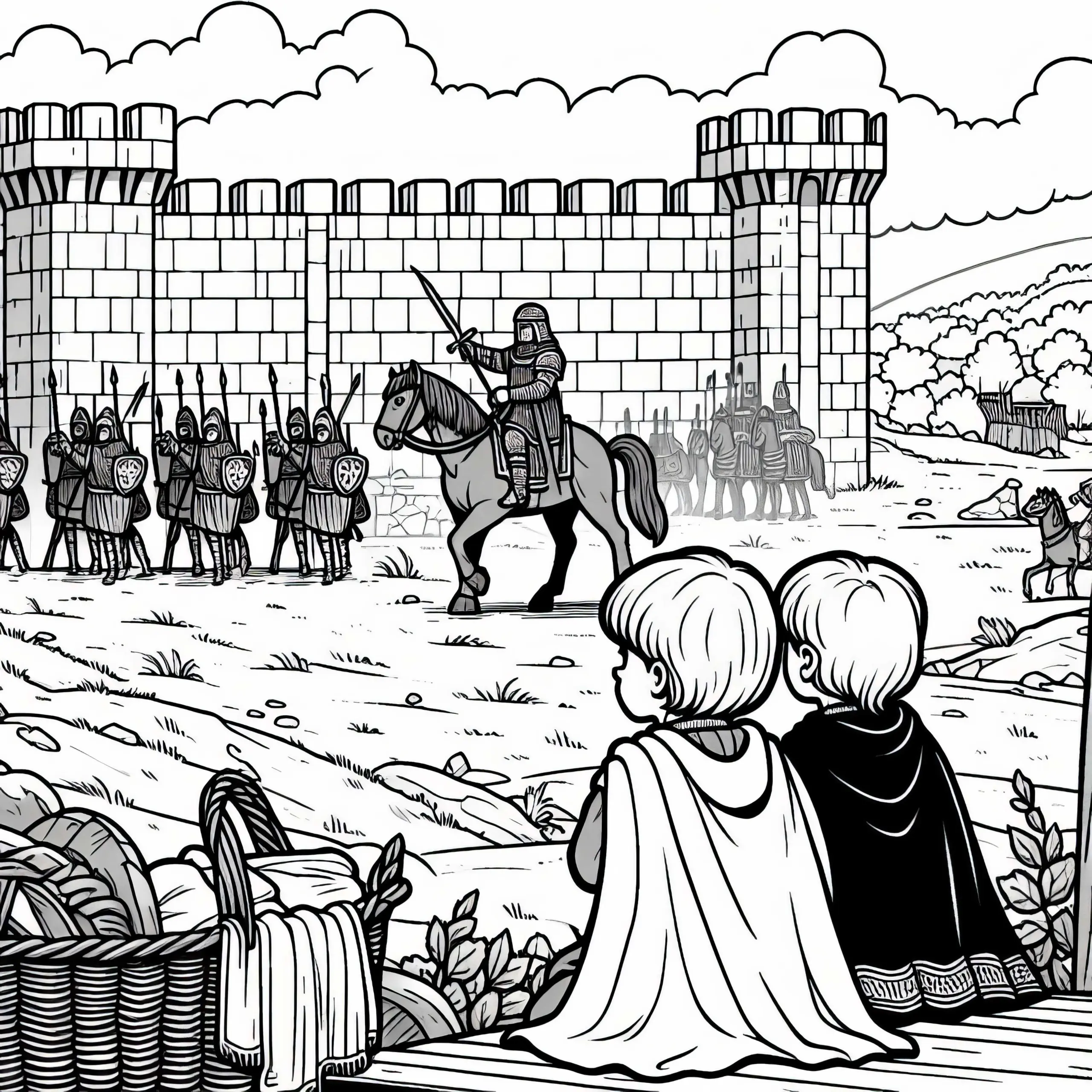 Zwei Kinder schauen auf Ritter vor Burgmauer – Ausmalbild Mittelalter kostenlos