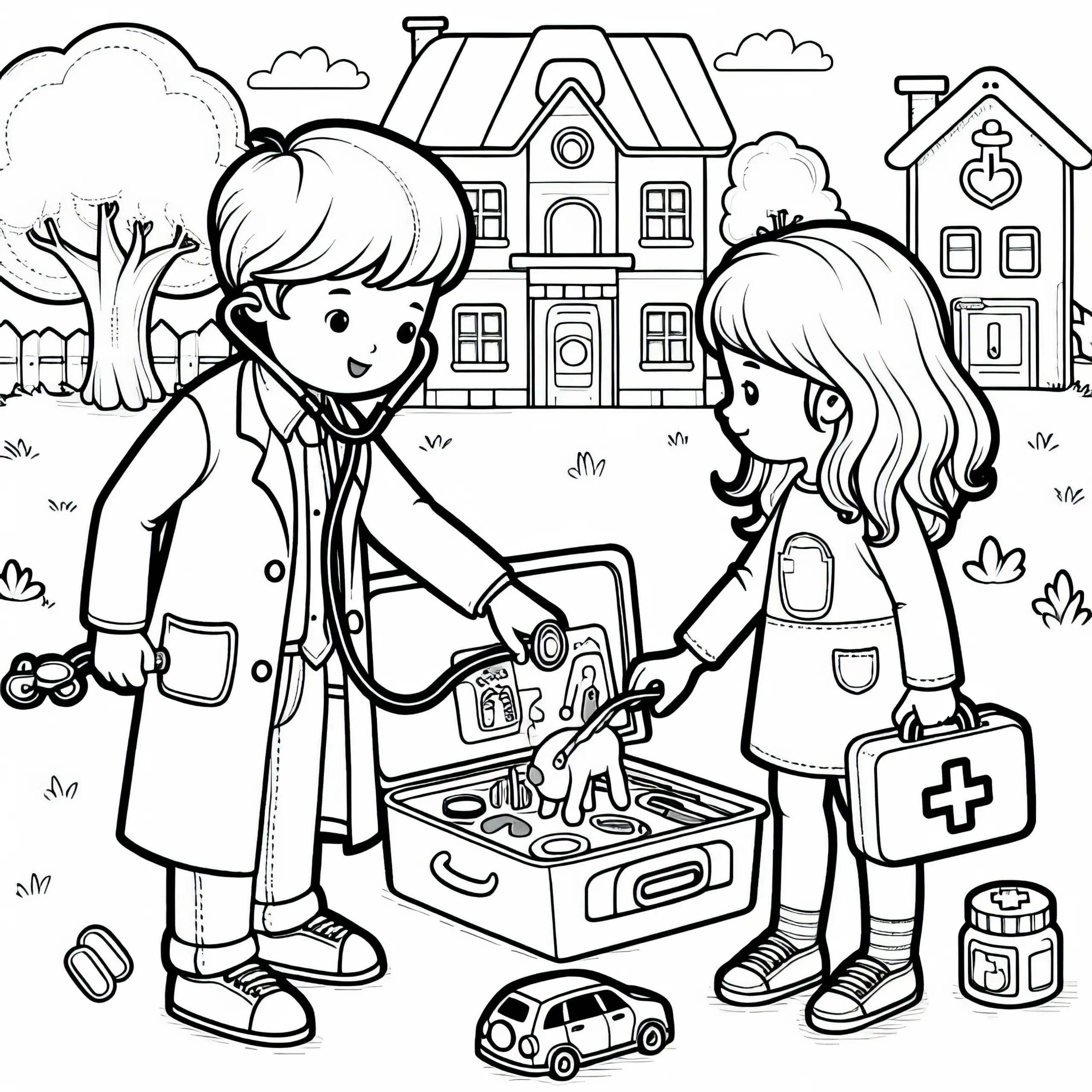 Zwei Kinder spielen Arzt und Patient mit Arztkoffer – Ausmalbild kostenlos