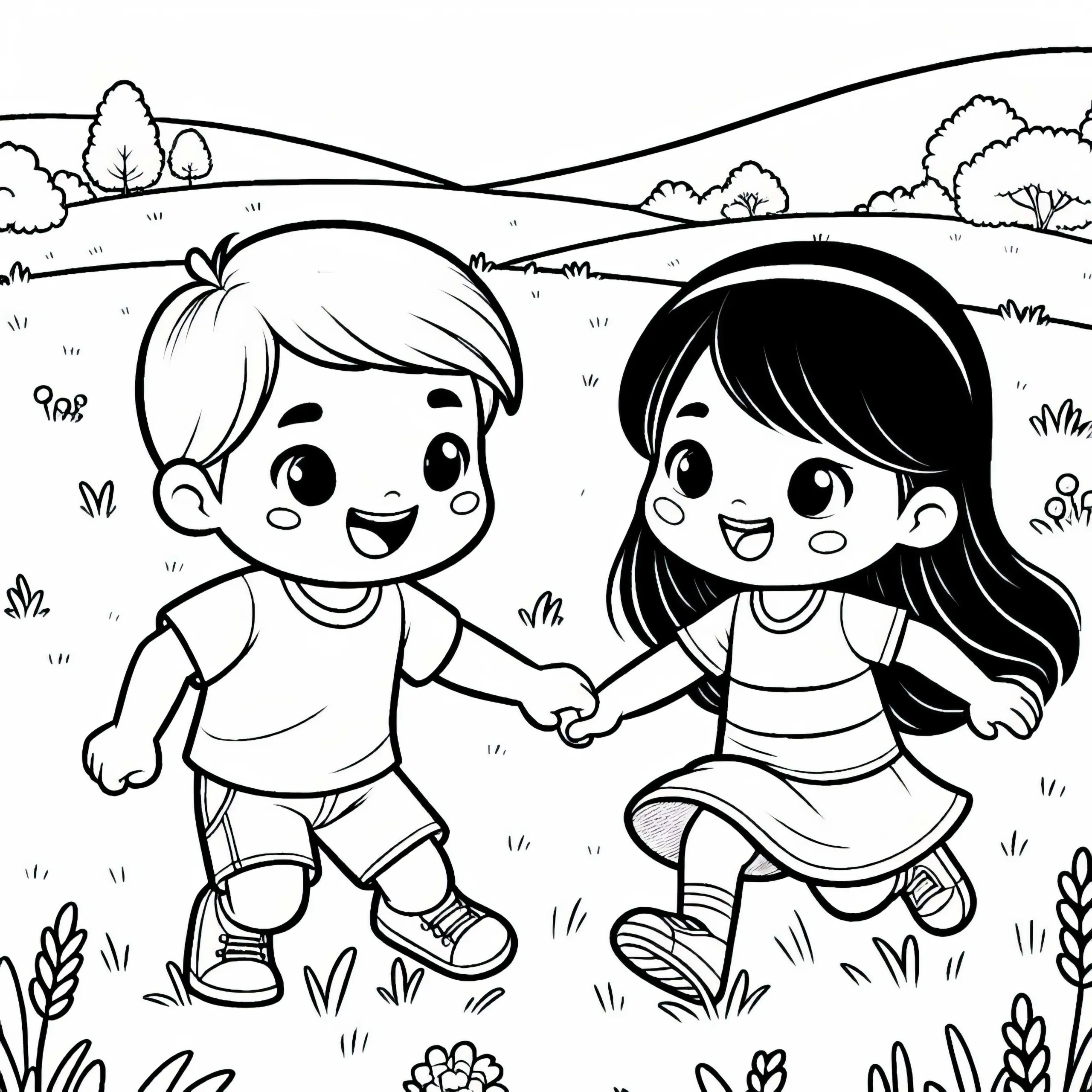 Zwei Kinder spielen Fangen auf einer Wiese – Malvorlage gratis (Ausmalbild)