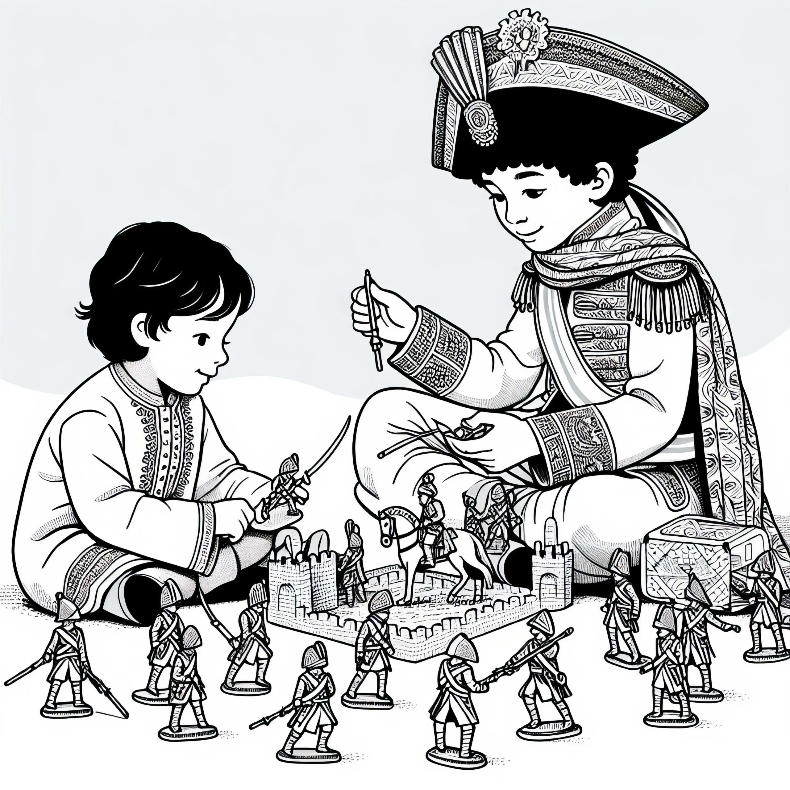 Zwei Kinder Spielen Feldherr Mit Zinnsoldaten Malvorlage Napoleonische Ära Kostenlos (Ausmalbild)