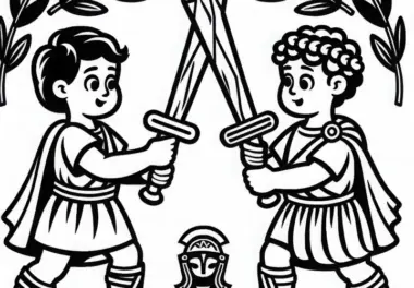 Zwei Kinder spielen Gladiatorenkampf mit Holzschwertern Ausmalbild Römisches Reich kostenlos