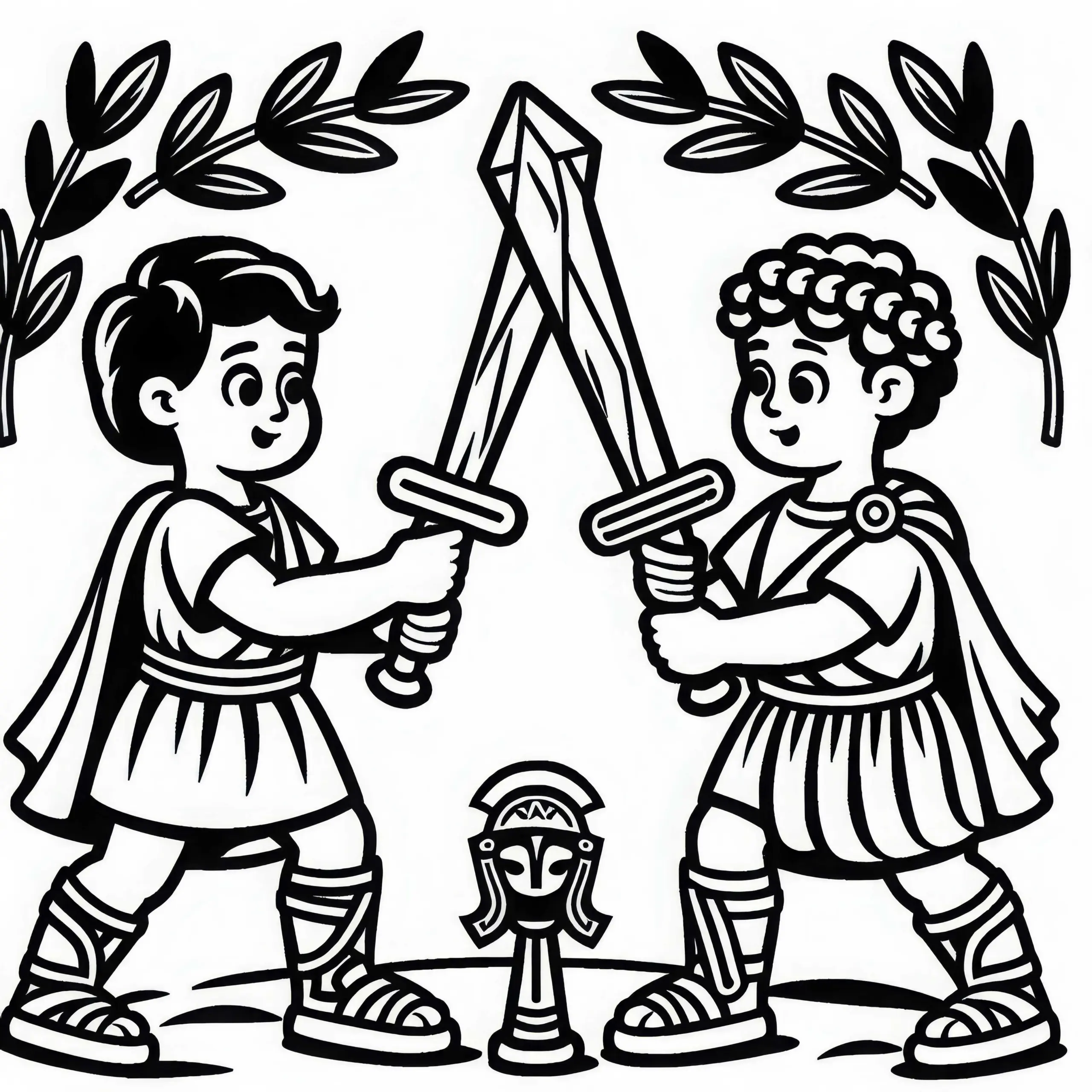 Zwei Kinder spielen Gladiatorenkampf mit Holzschwertern Ausmalbild Römisches Reich kostenlos