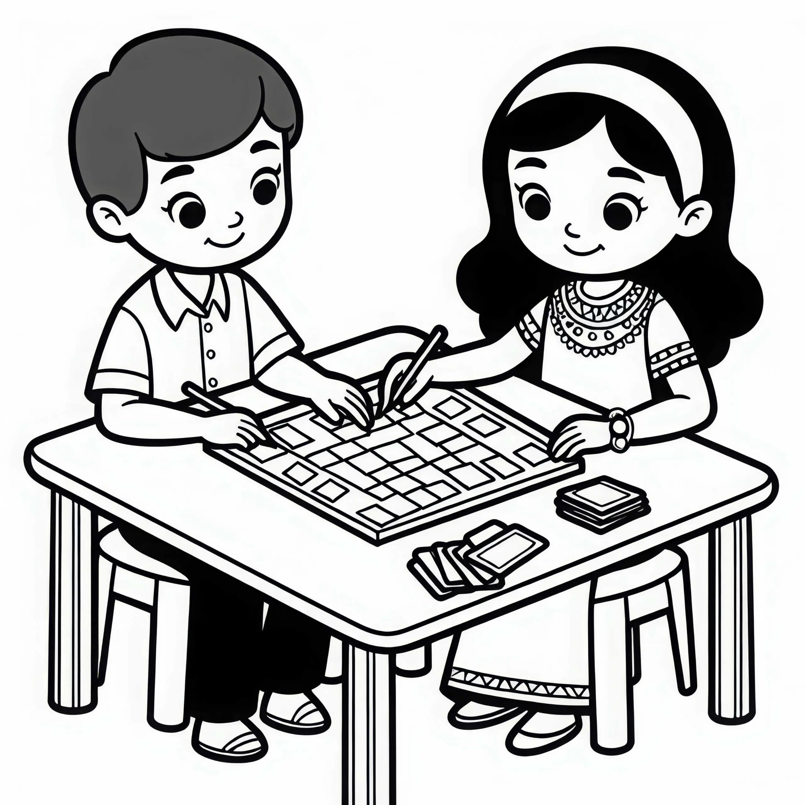 Zwei Kinder Spielen Konzentriert Memory Am Tisch – Malvorlage Gratis (Ausmalbild)