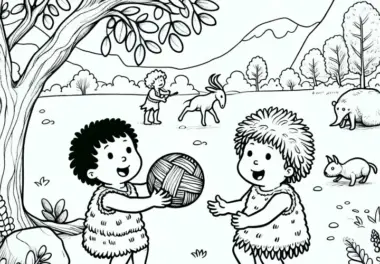 Zwei Kinder spielen mit einem Ball aus Tierhaut – Malvorlage Urgeschichte kostenlos