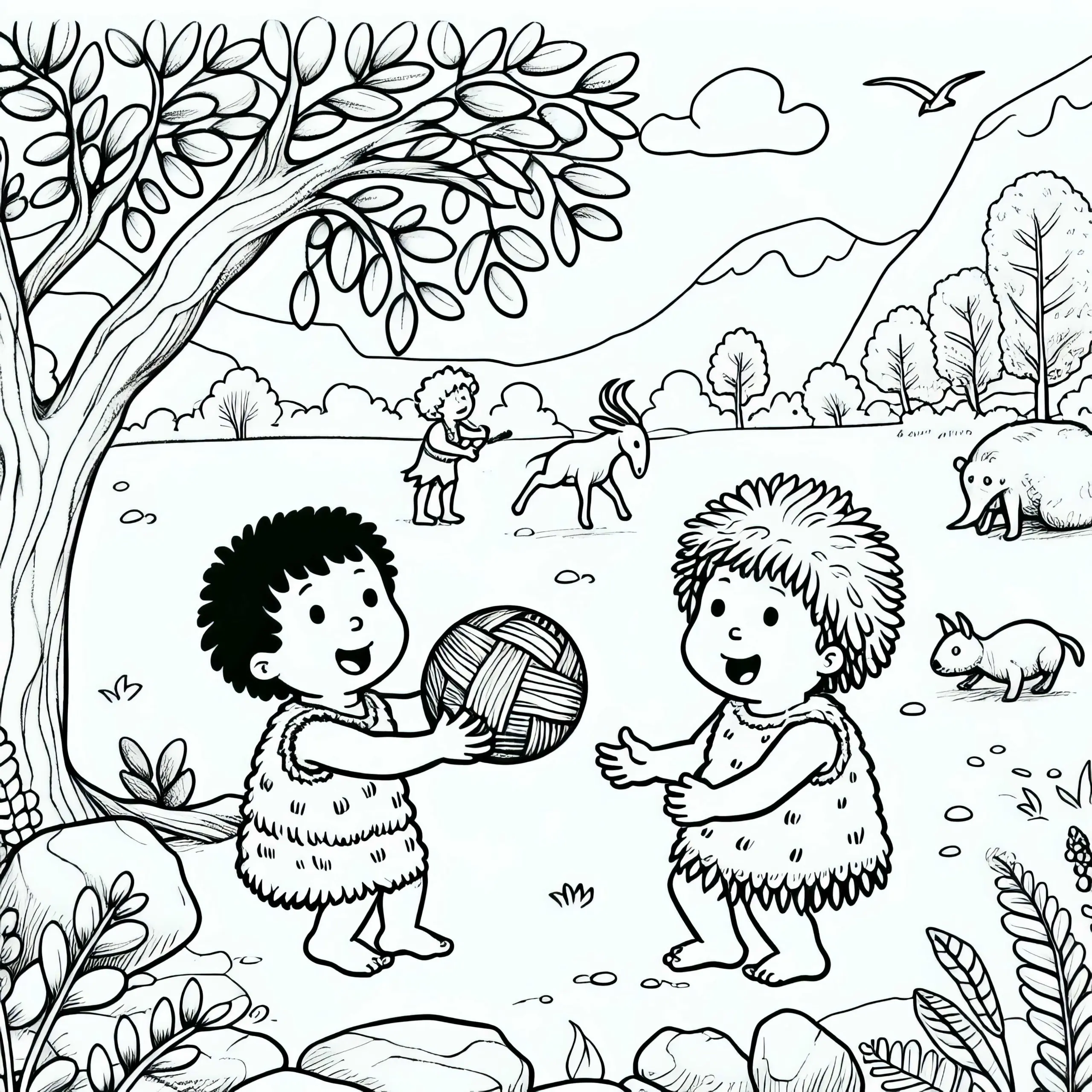 Zwei Kinder spielen mit einem Ball aus Tierhaut – Malvorlage Urgeschichte kostenlos (Ausmalbild)