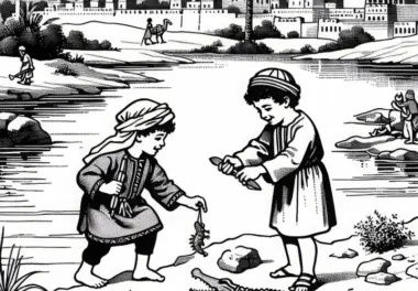 Zwei Kinder spielen mit einem kleinen Spielzeugkrokodil am Flussufer – Ausmalbild Ägyptisches Reich kostenlos