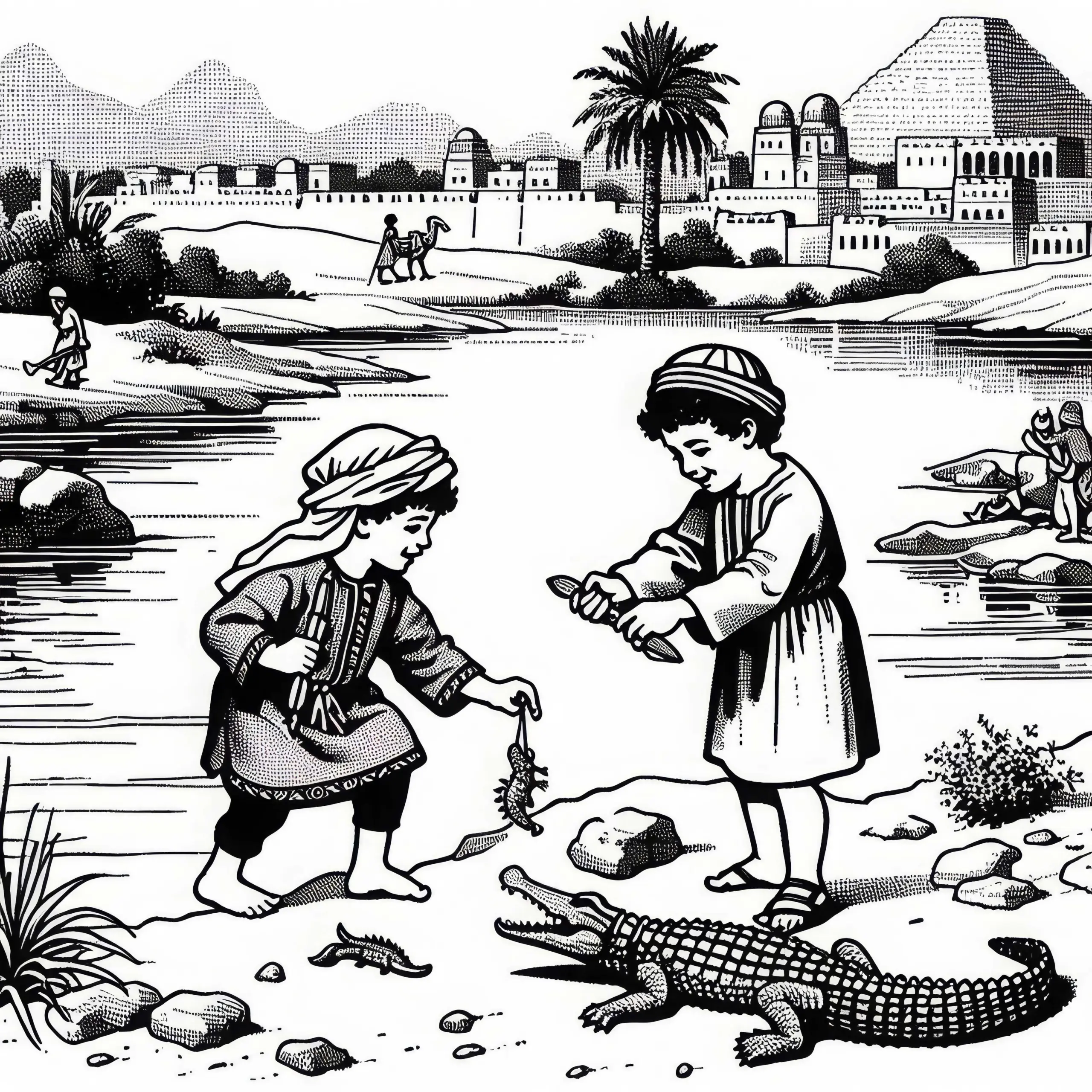 Zwei Kinder spielen mit einem kleinen Spielzeugkrokodil am Flussufer – Ausmalbild Ägyptisches Reich kostenlos