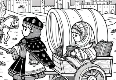 Zwei Kinder spielen auf Reise mit Spielzeugwagen – Malvorlage Kreuzzüge kostenlos